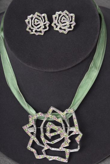 Necklace Sets Rose w Lime Rhinestones / Sets Lime , Post , Rose - 2.5" Wide , Earring - 1" Wide , Display Card & OPP Bag & UPC Code 