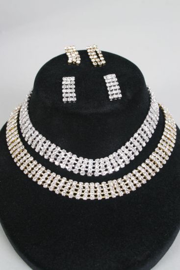 Necklace Sets Choker Gold 4 Strands Rhinestones / Sets Gold , Post , Size -16" Extension Chain , Display Card & OPP Bag & UPC Code