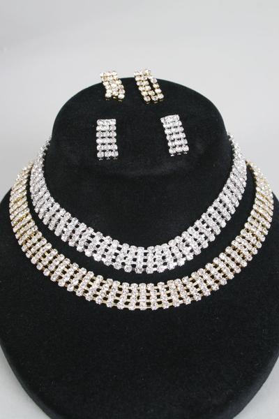 Necklace Sets Choker Gold 4 Strands Rhinestones / Sets Gold , Post , Size -16" Extension Chain , Display Card & OPP Bag & UPC Code