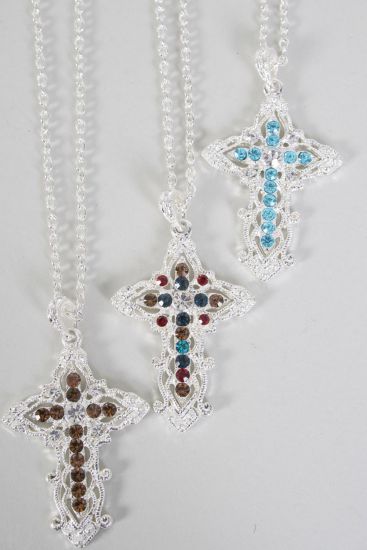 Necklace Cross Iridescent Rhinestones / 12 pcs = Dozen Cross Size - 2" x 1.5" Wide , 24'' Chain , Hang Tag & OPP Bag & UPC Code , Choose Colors