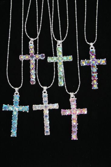 Necklace Cross Iridescent Rhinestones Multi / 12 pcs = Dozen Multi , Cross Size - 2" x 1" Wide , Chain 24" Long , 4 Rainbow , 4 Lime Green , 4 Aqua Color Asst , Hang Tag & OPP bag & UPC Code