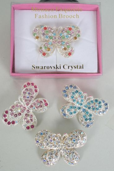 Brooch Butterfly Multi Rhinestones Asst / 12 pcs = Dozen Asst , Size - 2" x 1.25" Wide , 3 Clear , 3 Blue , 3 Pink , 3 Multi Color Asst , OPP Bag