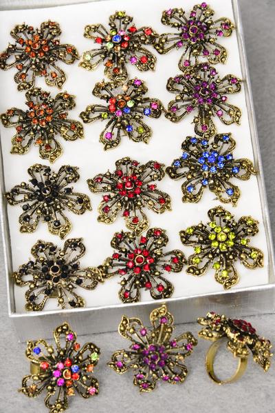 Rings Antique Flower Color Rhinestones / 12 pcs = Dozen Adjustable , Flower Size - 1.25" Wide , 2 Multi , 2 Black , 2 Red , 2 Brown , 2 Purple , 1 Royal Blue , 1 Green Color Asst.