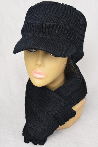 Scarf Winter Knit Scarf w Visor Hat Sets Black / Sets Black , Good Quality , Scarf Size - 60" Long , OPP Bag & UPC Code