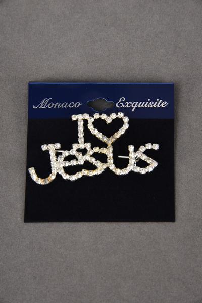 Brooch I Love Jesus Rhinestones / 12 pcs = Dozen Silver , Size - 2" x 1" Wide , Velvet Display Card & OPP Bag