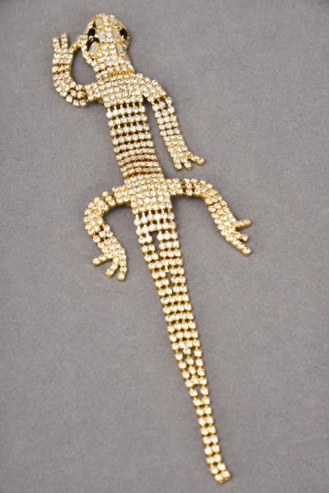 Brooch Lizard Gold Rhinestones / PC Gold , Size - 7" x 2" Wide , Flexible Body , also use for shoulder Pin , Display Card & OPP bag 