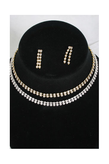 Necklace Sets Choker Silver Double Line Rhinestones Gold Silver Asst / 12 pcs Sets = Dozen Asst , Post , Size -16" W Extension Chain , 6 Gold , 6 Silver Asst , Velvet Display Card & OPP bag & UPC Code