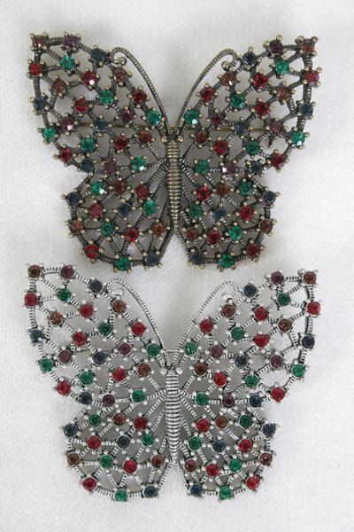 Brooch Large Butterfly Color Rhinestones / PC Size - 2.25'' x 2'' Wide , Display Card & OPP bag & UPC Code , Choose Colors