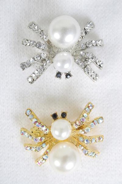 Brooch Spider Pearl Rhinestones / 12 PCS = Dozen Size - 1.25" x 1" Wide , Display Card & OPP Bag & UPC Code , Choose Colors