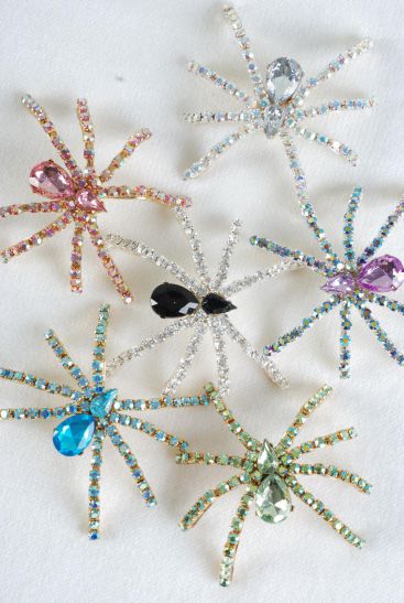 Brooch Spider Iridescent Rhinestones / 12 PCS = Dozen Size - 2.5" x 2.25" Wid e, Come Gift Box ,Choose Colors