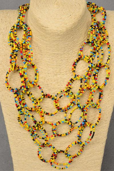 Necklace Layered Handmade Circle Beads Fall Yellow / PC Fall , Size - 24" Long , Hang Card & OPP Bag & UPC Code