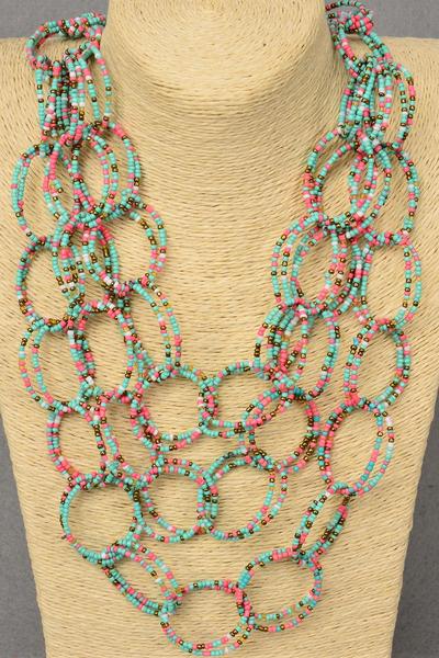 Necklace Layered Handmade Circle Beads Turquoise / PC Turquoise , Size - 24" Long , Display Card & OPP Bag & UPC Code