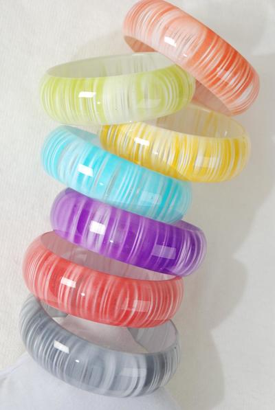 Bracelet Bangle Acrylic Candy Stripes Multi / 12 pcs = Dozen Multi , Size - 2.75" x 1" Dia Wide , 2 Black , 2 Purple , 2 Red , 2 Blue , 2 blue , 1 Lime Green , 1 Orange Color Asst , Hang tag & OPP bag & UPC Code
