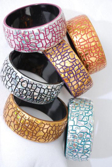 Bracelet Bangle Acrylic Holographic Cobble Stone Multi / 12 pcs = Dozen / 12 pcs = Dozen Multi , Size - 2.75" x 1.25" Dia Wide , 2 of each Pattern Asst , Hang Tag & Opp Bag & UPC Code