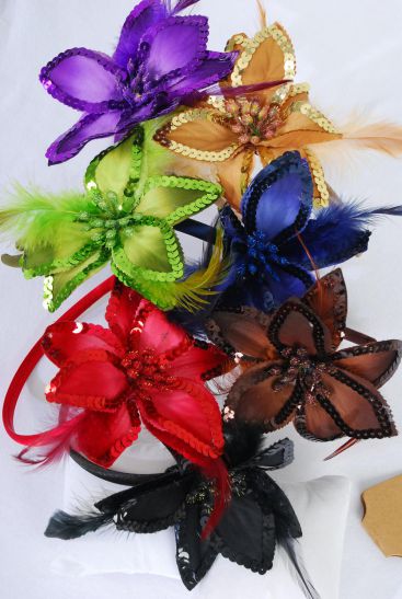 Headband Horseshoe Satin Sequin Flower Feathers Dark Multi / 12 pcs = Dozen Flower Size - 5" Wide , 2 Black , 2 Brown , 2 Navy , 2 Burgundy , 2 Purple , 1 Green , 1 Camel Color Asst , Hang tag & UPC Code , W Clear Box