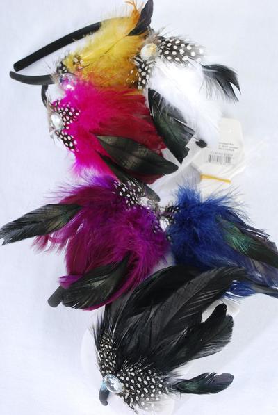 Headband Horseshoe Feathers Dark Multi / 12 pcs = Dozen Feather , 2 of each Pattern Asst , Hang Tag & UPC Code , W Clear Box