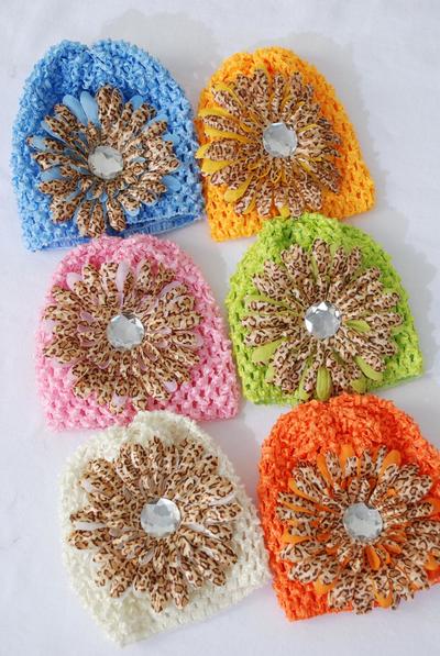 Kufi Hat Knitted Beanie Stretch Large Leopard Daisy Flower Multi / 12 pcs = Dozen Stretch , Flower Size - 4.5" Wide , 2 Pink , 2 Beige , 2 Yellow , 2 Blue , 2 Apple Green , 2 Orange Mix , Hang tag & UPC Code , Clear Box