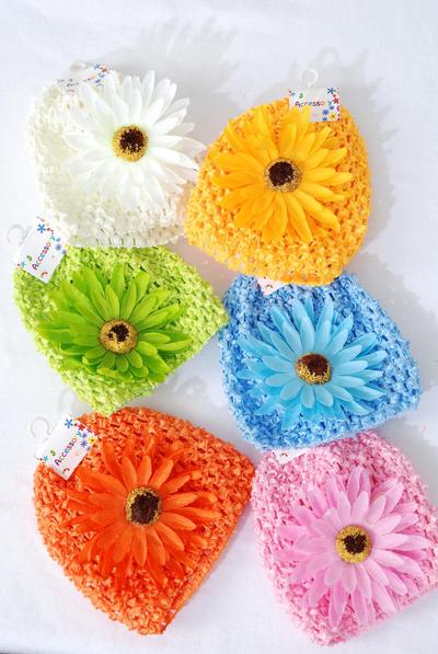 Kufi Hat Knitted Beanie Stretch Large Daisy Flower Multi / 12 pcs = Dozen Flower Size - 4.5" Wide , 2 Pink , 2 Beige , 2 Yellow , 2 Blue , 2 Apple Green , 2 Orange Mix , Hang tag & UPC Code , Clear Box