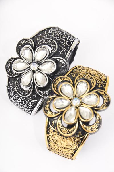 Bracelet Bangle Acrylic Hinge Fall Flower Antique Finish / 12 pcs = Dozen Hinge , Size- 2.75" x 2" , 6  of each Pattern Asst , Hang Tag & Opp Bag & UPC Code