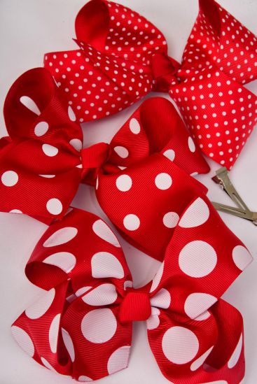 Hair Bow Jumbo Red Polka dots Mix Grosgrain Bow-tie / 12 pcs Bow = Dozen  Alligator Clip , Size - 6" x 5" Wide , 4 of each Pattern Mix , Clip Strip & UPC Code