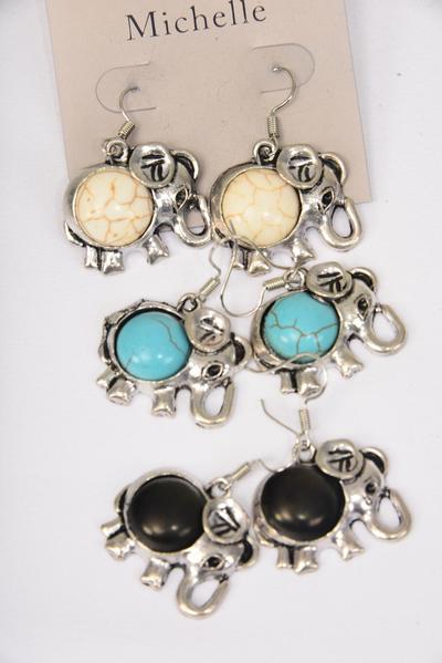 Earrings Metal Antique Elephant Semiprecious Stone / 12 pair = Dozen match 75029 Fish Hook , Size - 1" x 1" Wide , 4 Black , 4 Ivory , 4 Turquoise Asst , Earring Card & OPP Bag & UPC Code