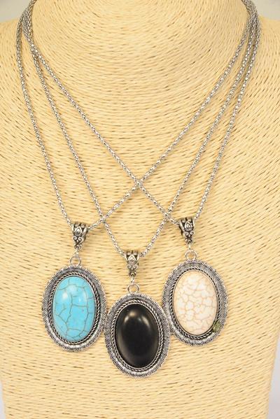 Necklace Silver Chain Oval Pendant Semiprecious Stone/DZ match 26098 Pendant - 1.75" x 1.25" Wide , Chain-18" Extension Chain , 3 Ivory , 3 Black , 6 Turquoise Asst , Hang Tag & OPP Bag & UPC Code