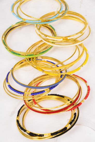 Bracelet Bangles 48 pcs Metal Gold Color Bead Mix /  48 pcs = Dozen Multi , 2 Black , 2 White , 2 Blue , 2 Red , 2 Yellow , 1 Green , 1 Orange Mix , Hang Tag & OPP Bag & UPC Code , 4 pcs per Card , 12 Card = DZ