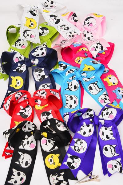 Hair Bow Jumbo Long Tail Double Layered Cute Pets Pattern Mix Grosgrain Bowtie Multi / 12 pcs = Dozen Alligator Clip , Bow - 6.5" x 6" , 2 Bk , 2 White , 2 Fuchsia , 1 Purple , 1 Rd , 1 Yellow , 1 Blue , 1 Lime , 1 Orange Asst , Clip Strip & UPC Code