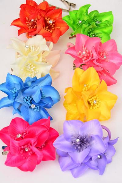 Flower Silk Flowers Hair Tie Brooch Alligator Clip Mix Multi / 12 pcs Flower = Dozen Size - 4" Wide , Brooch , Alligator Clip & Hair Tie , 2 Fuchsia, 2 Yellow, 2 Lavender, 2 Beige, 1 Turquoise, 1 Hot Punk, 1 Lime, 1 Orange Asst