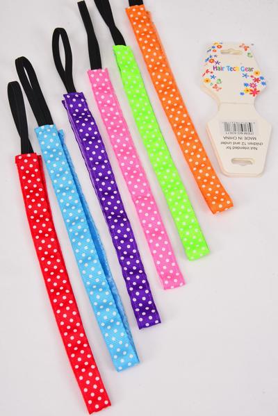 Headband Polka Dots Pattern Mix Grosgrain Fabric / 12 pcs = Dozen Non Slip Velvet Lined , Stretch , Size - 0.75" Wide , 2 of each Pattern Asst , Hang Card & UPC Code , W Clear Box