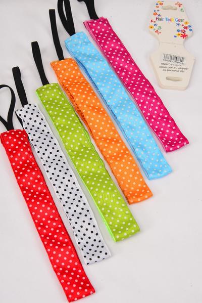 Headband Polka Dots Pattern Mix Grosgrain Fabric / 12 pcs = Dozen   Non Slip Velvet Lined , Stretch , Size-1" Wide , 2 of each Pattern Asst , Hang Card & UPC Code , W Clear Box