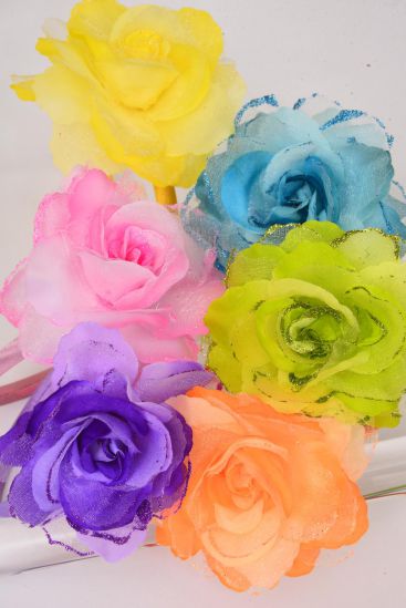 Headband Horseshoe Gradient Rose Glitters Pastel / 12 pcs = Dozen Rose Size - 4.5" , 2 Pink , 2 Blue , 2 Yellow , 2 Purple , 2 Orange , 2 Lime Color Asst , Hang Tag & UPC Code , W Clear Box