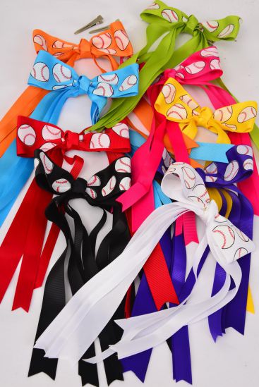 Hair Bow Long Tail Baseball Sport Multi Grosgrain Bow-tie / 12 pcs Bow = Dozen Alligator Clip , Bow - 5" Wide , Tail - 9" Long , 2 Fuchsia , 2 White , 2 Black , 1 Lime , 1 Orange , 1 Blue , 1 Red , 1 Yellow ,1 Purple Mix .