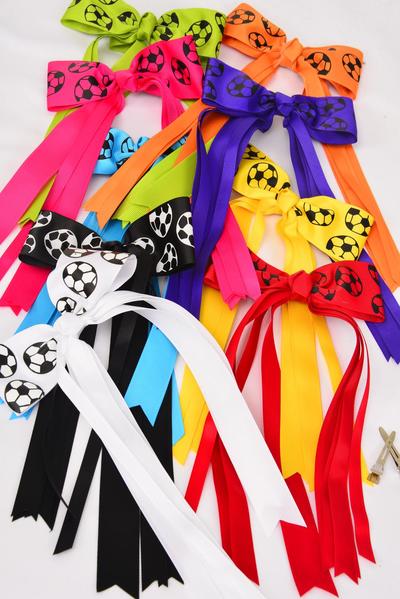 Hair Bow Long Tail Soccer Sport Grosgrain Bow-tie Multi / 12 pcs Bow = Dozen Alligator Clip , 6.5  x 6" Wide , 2 Fuchsia , 2 White , 2 Black , 1 Lime , 1 Orange , 1 Blue , 1 Red , 1 Yellow , 1 Purple Mix , Clip Strip & UPC Code