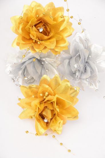 Flower Hat Pin String Beads Gold Silver Asst / 12 pcs Flower = Dozen    Hat Pin , Flower Size - 3" , Pin-3" , 6 Gold , 6 Silver Asst , Display Card & UPC Code , Clear Box