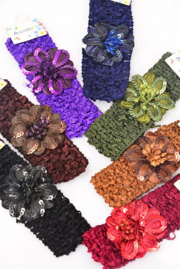 Ballerina Headband Sequin Flower / 12 pcs = Dozen Stretch , Ballerina - 1.5" , Flower - 2.5" wide  , 2 Black , 2 Brown , 2 Purple , 2 Burgundy , 2 Navy , 1 Came l , 1 Olive Color Asst , Hang tag & UPC