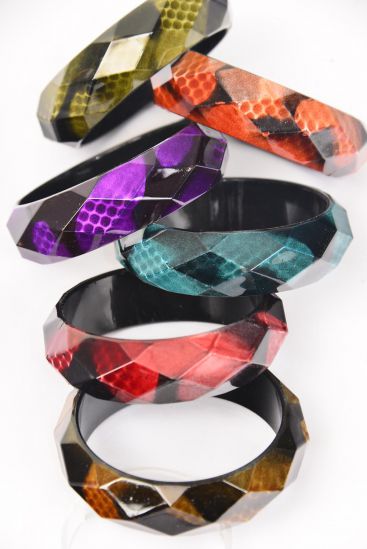 Bracelet Bangle Acrylic Animal Pattern Diamond Cut Multi / 12 pcs = Dozen Multi , Size - 2.75" x 1" Wide , 2 of each Color Asst , Hang Tag & OPP Bag & UPC Code