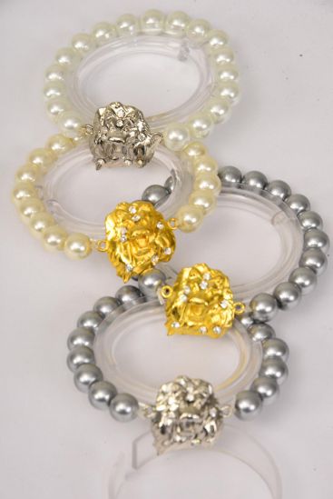 Bracelet 10 mm Glass Pearl Gold Lion Head / 12 pcs = Dozen Stretch , 3 of each Pattern Mix , Hang Tag & OPP Bag & UPC Code