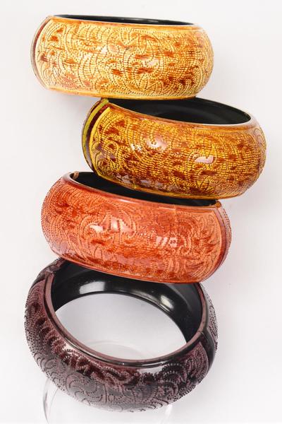 Bracelet Bangle Acrylic Hinge Bohemian Brush Stroke Natural Wood Finish / 12 pcs = Dozen Fall , Size - 2.75" x 1.25" Wide , 3 of each Pattern Asst , Hang tag & Opp Bag & UPC Code