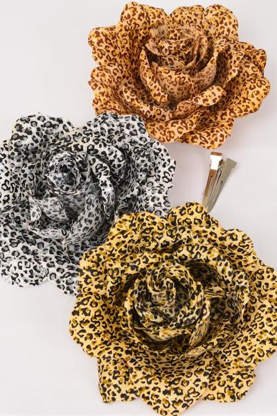 Flower Jumbo Rose Leopard Print / 12 pcs Flower = Dozen Size - 6" Wide , Alligator Clip & Brooch , 4 of each Color Asst , Display Card & UPC Code , W Clear Box