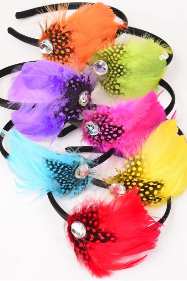 Headband Horseshoe Colorful Feathers /  12 pcs = Dozen Feather Size - 4" x 3" Wide , 2 Yellow , 2 Red , 2 Fuchsia , 2 Blue , 2 Orange , 1 Lime , 1 Purple Color Asst , Hang tag and UPC Code,W Clear Box