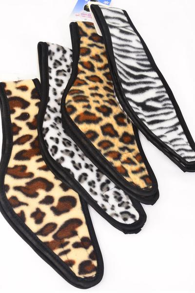 Polar Fleece Head Wrap Leopard & Zebra Mix Velcro / 12 pcs = Dozen  Leopard , Size - 23" x 4.5" , 3 of each Pattern Asst , Hang Tag & UPC Code , OPP Bag