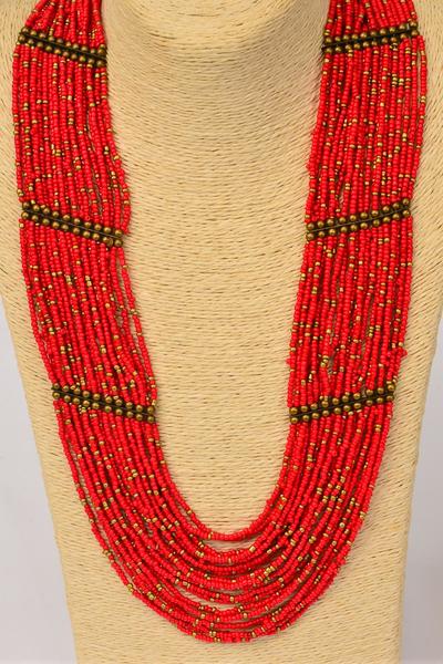 Necklace Indian Beads Brass Findings Red / PC Red , Size - 24" Long , Display Card & OPP Bag & UPC Code