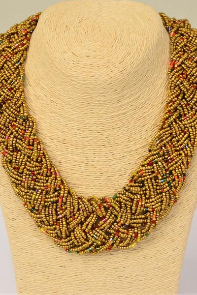 Necklace Woven Indian Beads Matte Gold / PC Size -18" Extension Chain , Display Card & OPP Bag & UPC Code