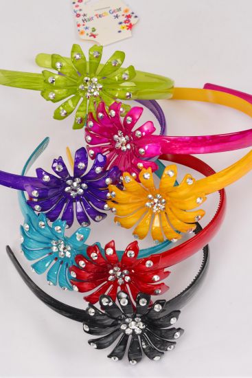 Headband Horseshoe Acrylic Marble Look Flower Studded / 12 pcs = Dozen Bow-tie Size - 2.75" x 1.25" Wide , 2 Red , 2 Fuchsia , 2 Purple , 2 Yellow , 2 Black , 1 Green , 1 Blue Color Asst , Hang Tag & OPP bag & UPC