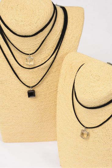 Necklace Choker Black 2 Strand Faux Suede Cord Glass Crystal Pendant / 12 pcs = Dozen Size - 14" Extension Chain , 6 of each Color Asst , Display Card & OPP Bag & UPC Code