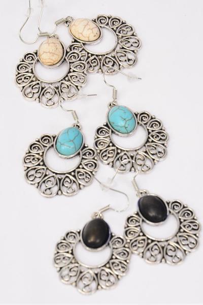 Earrings Metal Antique Filigree Like Semiprecious Stone / 12 pair = Dozen match 70079 Fish Hook , Size - 1.5" x 1.25" Wide , 4 Black , 4 Ivory , 4 Turquoise Asst , Earring Card & OPP Bag & UPC Code