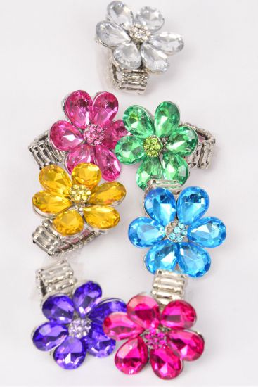 Rings Acrylic Flower Citrus Color Rhinestones Stretch / 12 pcs = Dozen Stretch , Flower Size-1" Wide , 2 Fuchsia , 2 Pink , 2 Purple , 2 Turquoise , 2 Yellow , 1 Clear , 1 Green Color Asst.