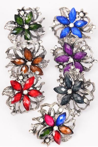 Rings Flower Marble Clear Rhinestones Antique / 12 pcs = Dozen Adjustable , Flower Size - 1.25" Wide , 2 Multi , 2 Black , 2 Red , 2 Brown , 1 Purple , 2 Royal Blue ,1 Green Color Asst.