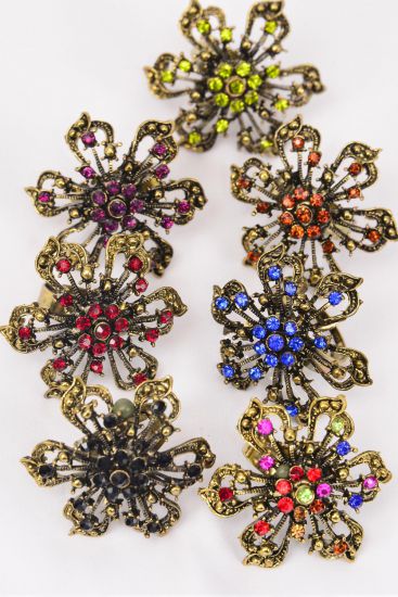 Rings Antique Flower Color Rhinestones / 12 pcs = Dozen Adjustable , Flower Size - 1.25" Wide , 2 Multi , 2 Black , 2 Red , 2 Brown , 2 Purple , 1 Royal Blue , 1 Green Color Asst.